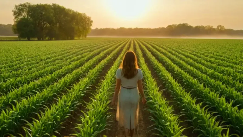 Mujer en maizal dorado al atardecer