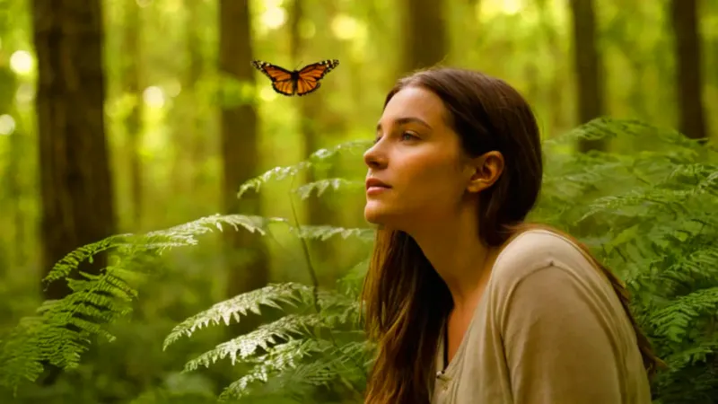 Mujer entre mariposas en un bosque iluminado