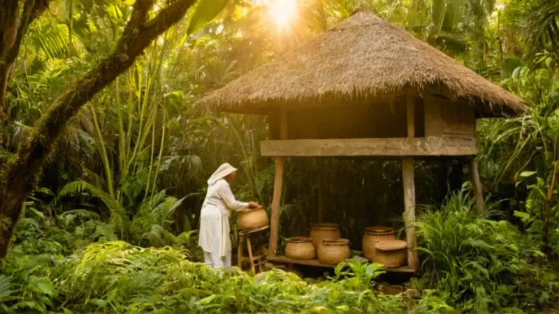 Apicultor cuidando colmenas rústicas en la selva