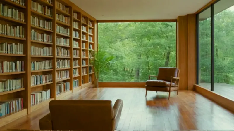 Mujer en una biblioteca bañada de luz