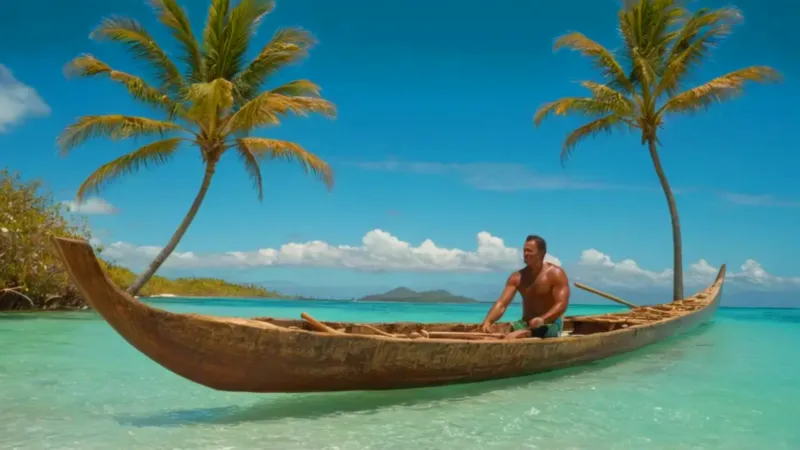 Hombre en canoa en un paraíso tropical