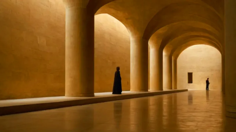 Una figura contempla el sarcófago iluminado