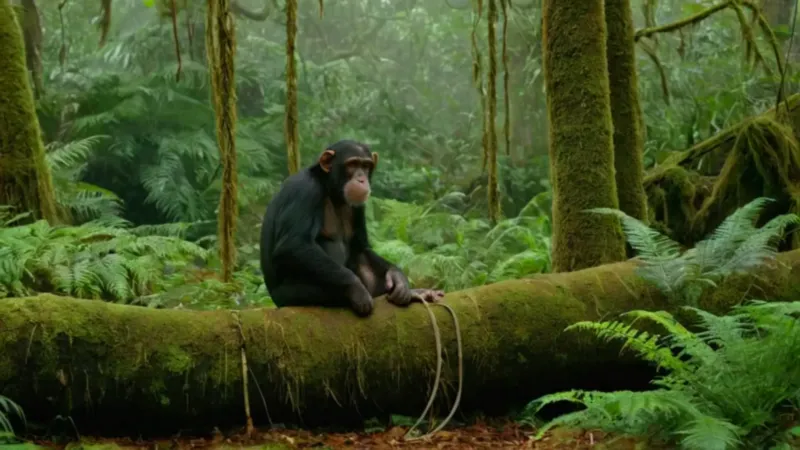 Alguien observa un chimpancé en la jungla