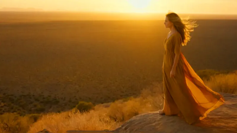 Mujer contempla la sabana al atardecer