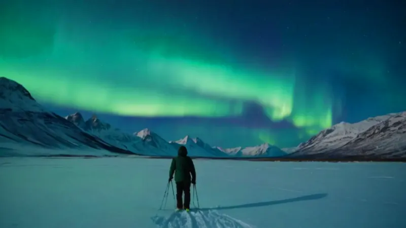 Figura solitaria bajo la aurora boreal