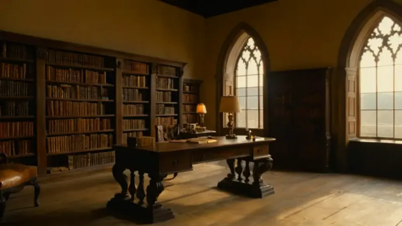 Un estudioso lee en la biblioteca iluminada