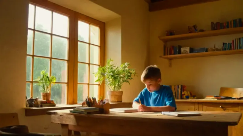 Un niño se concentra en su escritorio