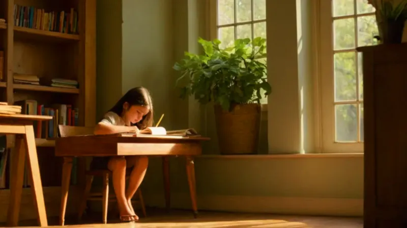 Niña concentrada estudia en la habitación soleada