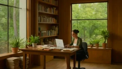 Mujer trabaja en un estudio muy luminoso