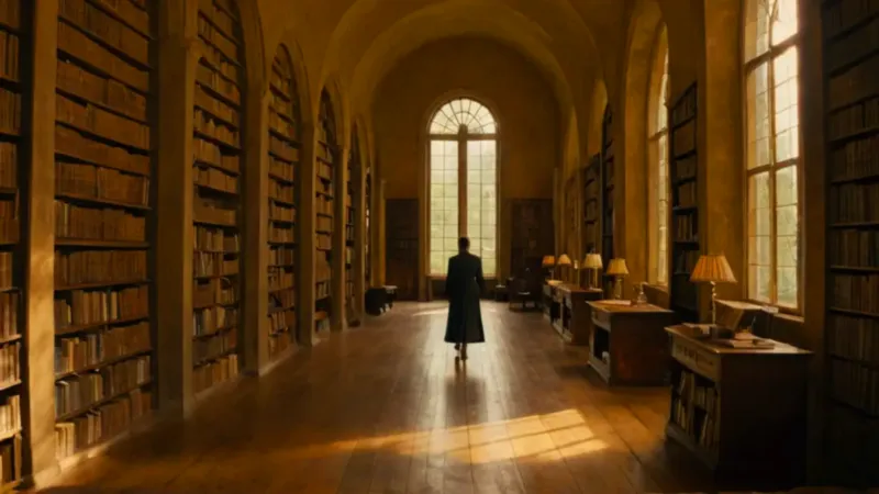 Figura a contraluz en una vasta biblioteca