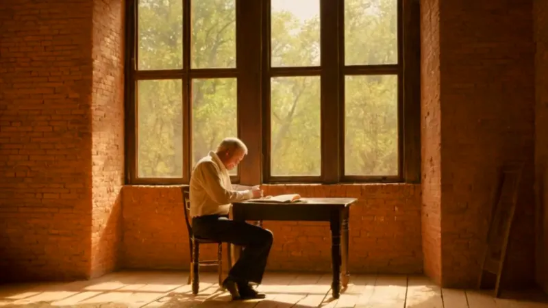 Hombre lee solo en la tranquila luz