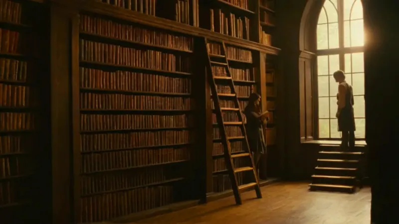 Joven en una biblioteca bañada de luz