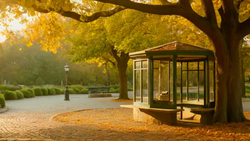 Un quiosco en una plaza al atardecer