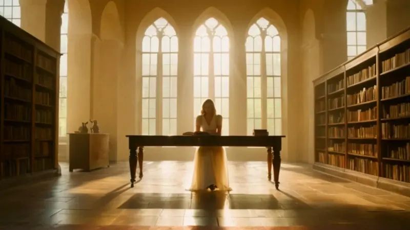 Luz ilumina a una mujer en la biblioteca