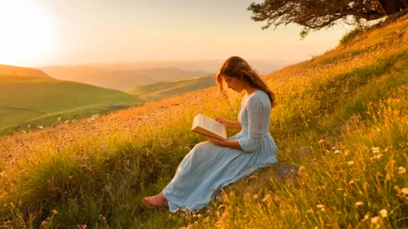 Mujer lee en un prado al atardecer