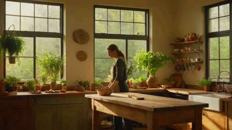 Mujer en la cocina al atardecer
