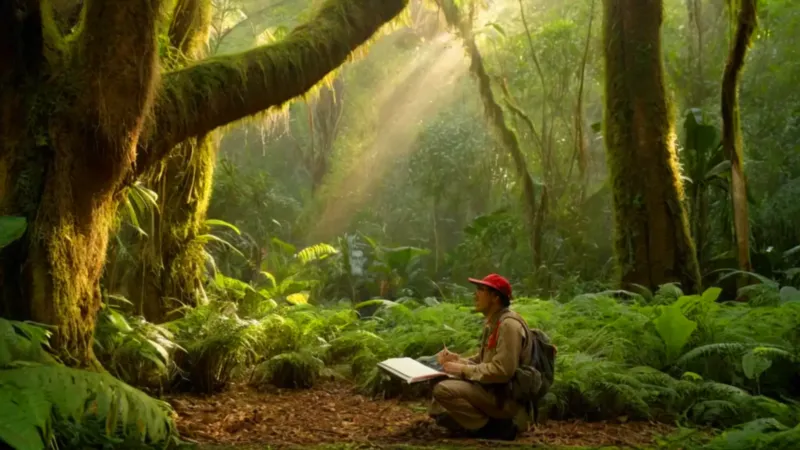 Un científico observa un guacamayo en la selva