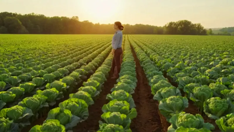 Campesina cosecha brócoli bajo el sol