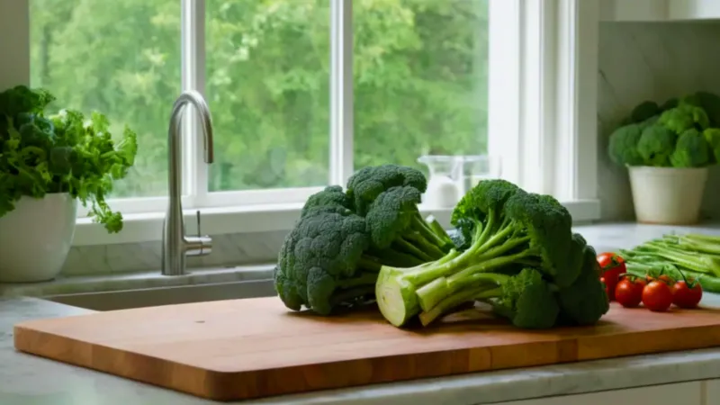 Persona preparando vegetales en una cocina luminosa