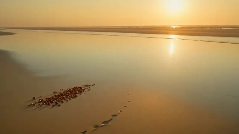 Figura arrodillada en la orilla al atardecer