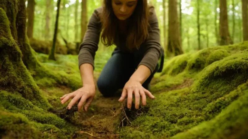 Hormigas trepan una mano en el bosque