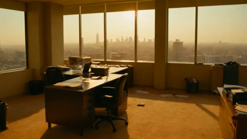 Oficina caótica en un solitario atardecer