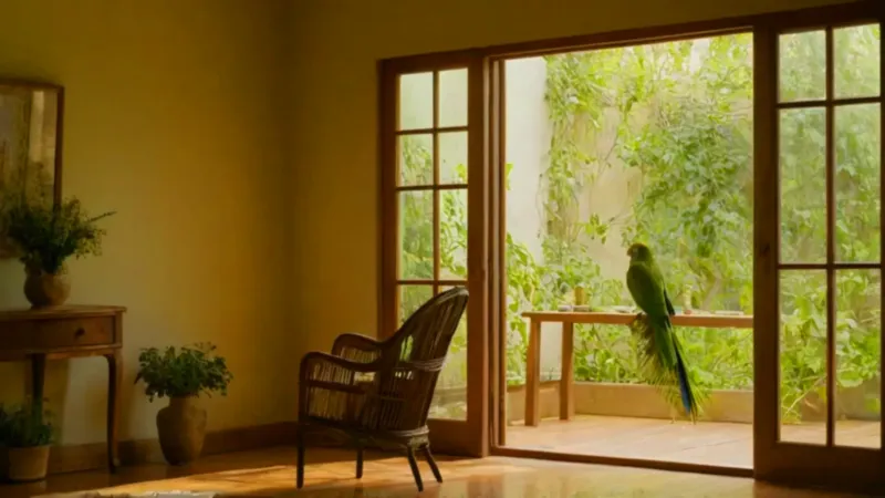 Mujer contempla periquitos en una habitación soleada