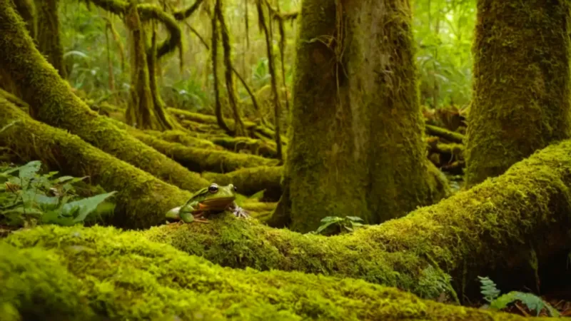 Un explorador descubre una rana en la selva