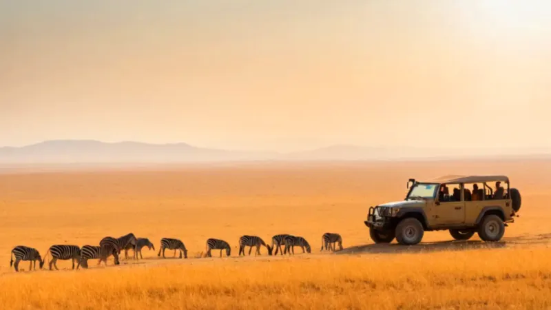 Una figura observa cebras en la sabana