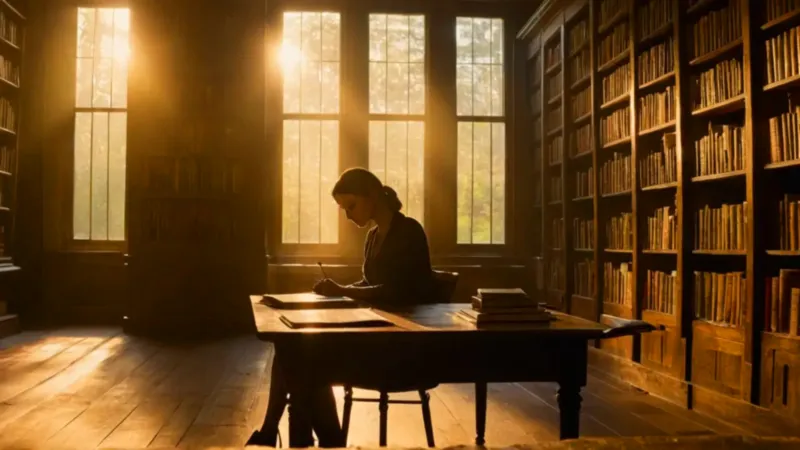 Mujer estudia sola en la biblioteca