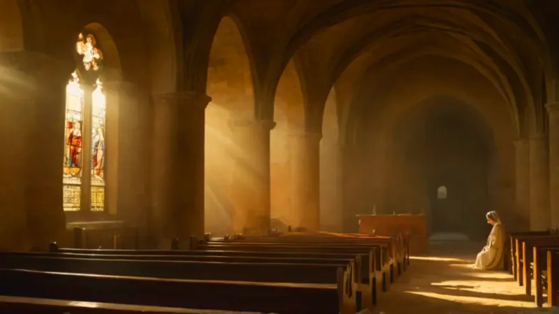 Mujer reza sola en la silenciosa catedral