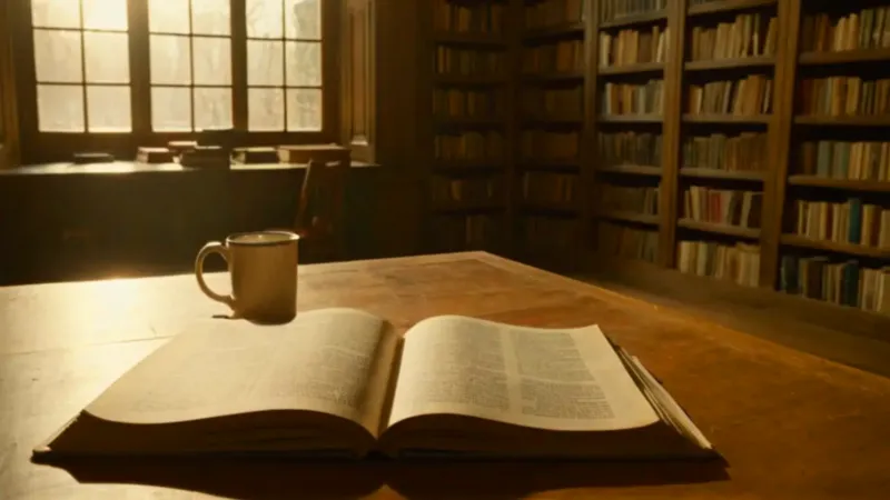 Alguien estudia en una vasta biblioteca soleada