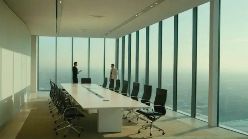 Profesional presentando en una moderna sala con vistas