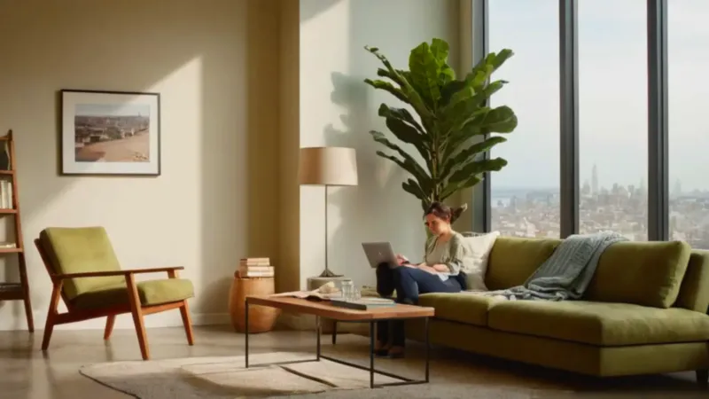 Mujer concentrada trabaja en un salón luminoso