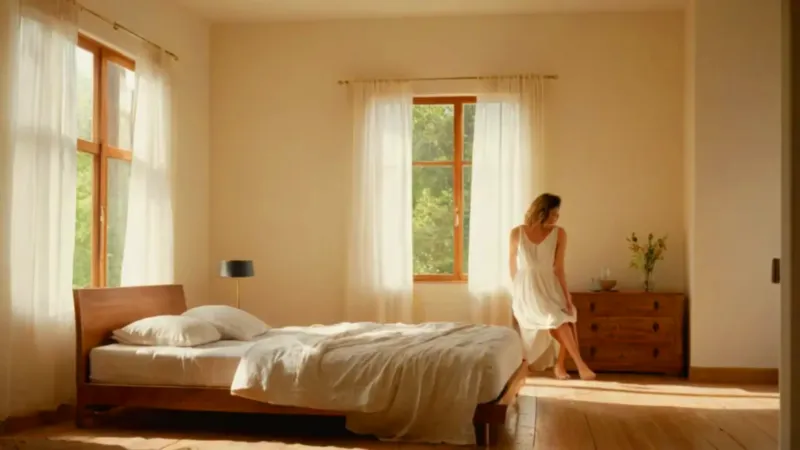 Mujer pensativa junto a una ventana soleada