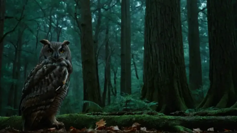 Hombre y búho en un bosque lunar