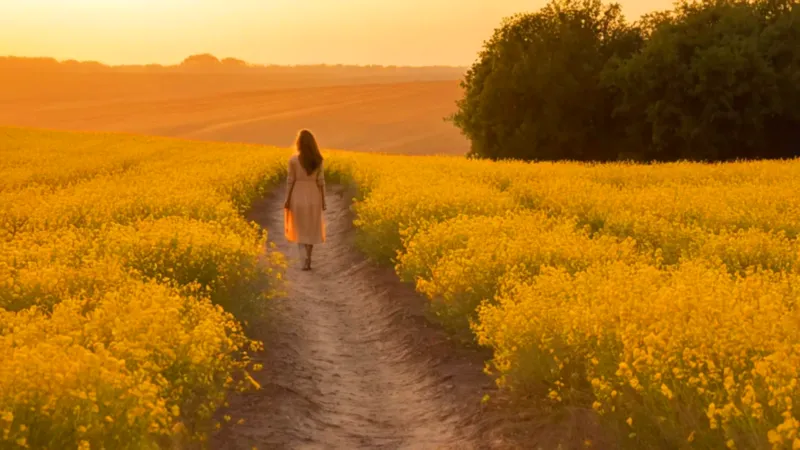 Mujer en campo de flores al atardecer