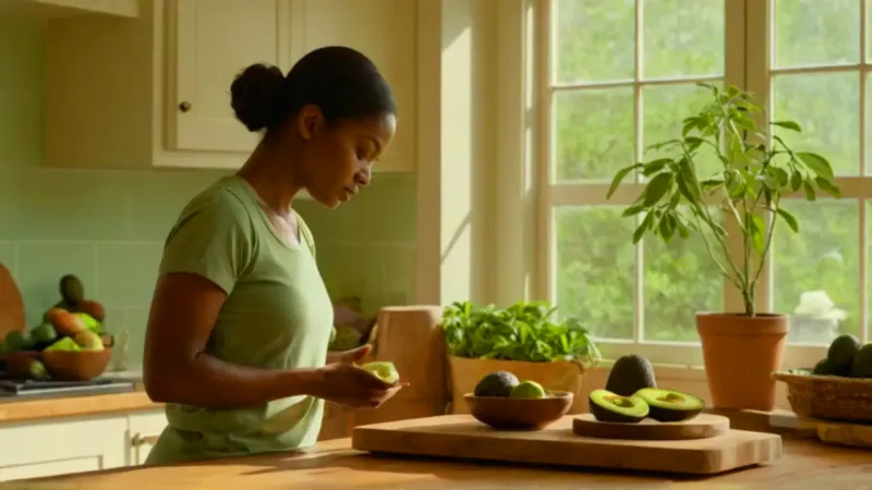 Mujer preparando aguacates en una cocina luminosa