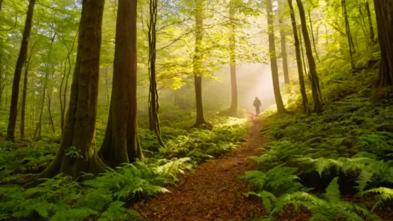 Una figura solitaria en el bosque brumoso