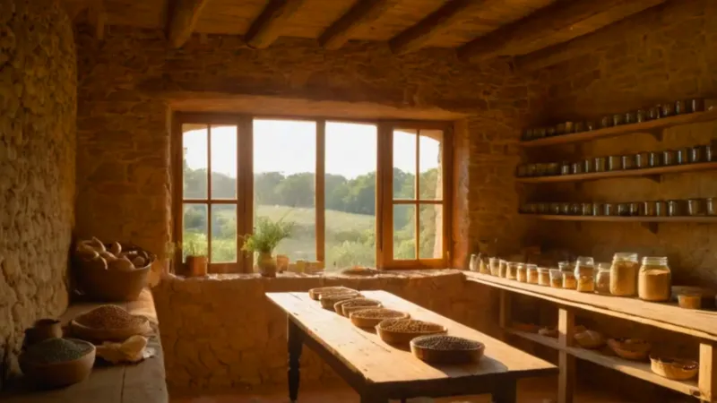 Manos vierten lentejas en una despensa rústica