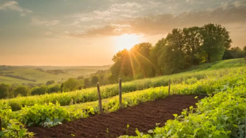 Un campesino siembra al atardecer