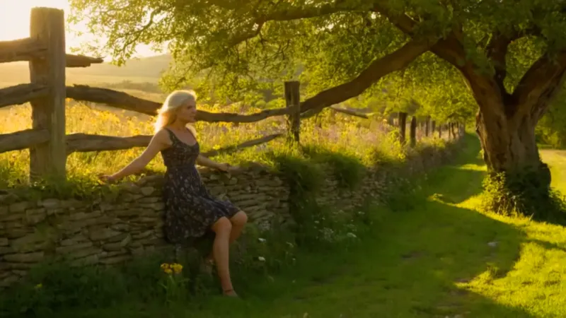 Dos figuras en un jardín al atardecer