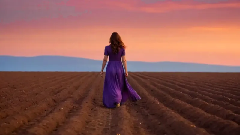 Mujer contempla la cosecha al atardecer