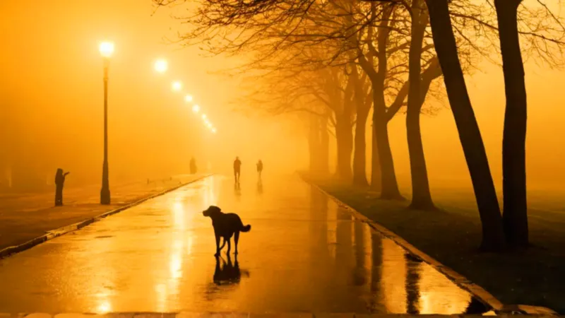 Una persona sola acorralada por perros negros