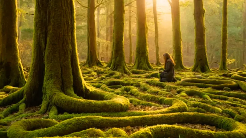 Figura arrodillada en un claro con serpientes