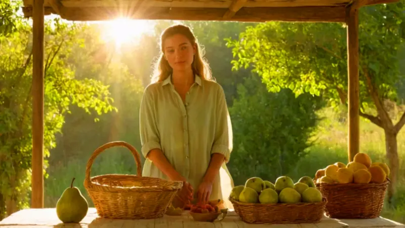 Mujer en un soleado puesto de fruta