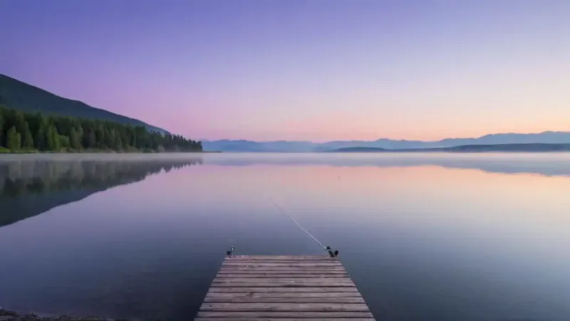 Silueta pescando en el brumoso lago