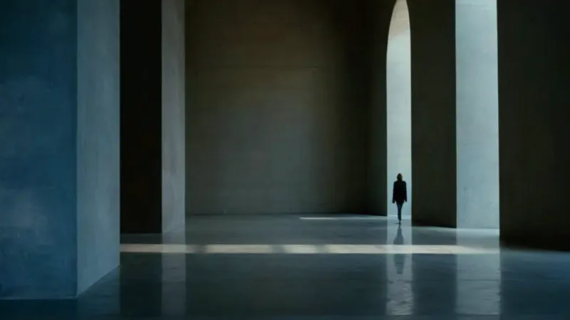 Una figura congelada bajo un foco