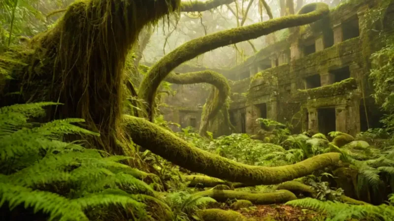 Figura serena entre ruinas de la jungla