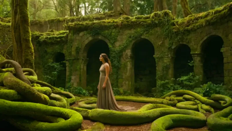 Una mujer entre serpientes y ruinas